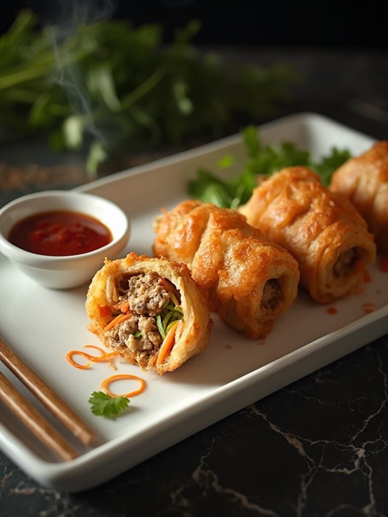 "close-up of crispy chinese egg rolls with pork, cabbage, and carrot filling on a white ceramic plate, garnished with green onions and cilantro, with a side of sweet chili sauce and wooden chopsticks on a dark marble countertop. "