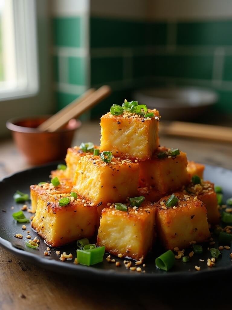 "crispy pan-fried tofu cubes with sesame soy glaze on a matte black plate, garnished with black sesame seeds and green onions, kitchen setting with soy sauce and chopsticks. "