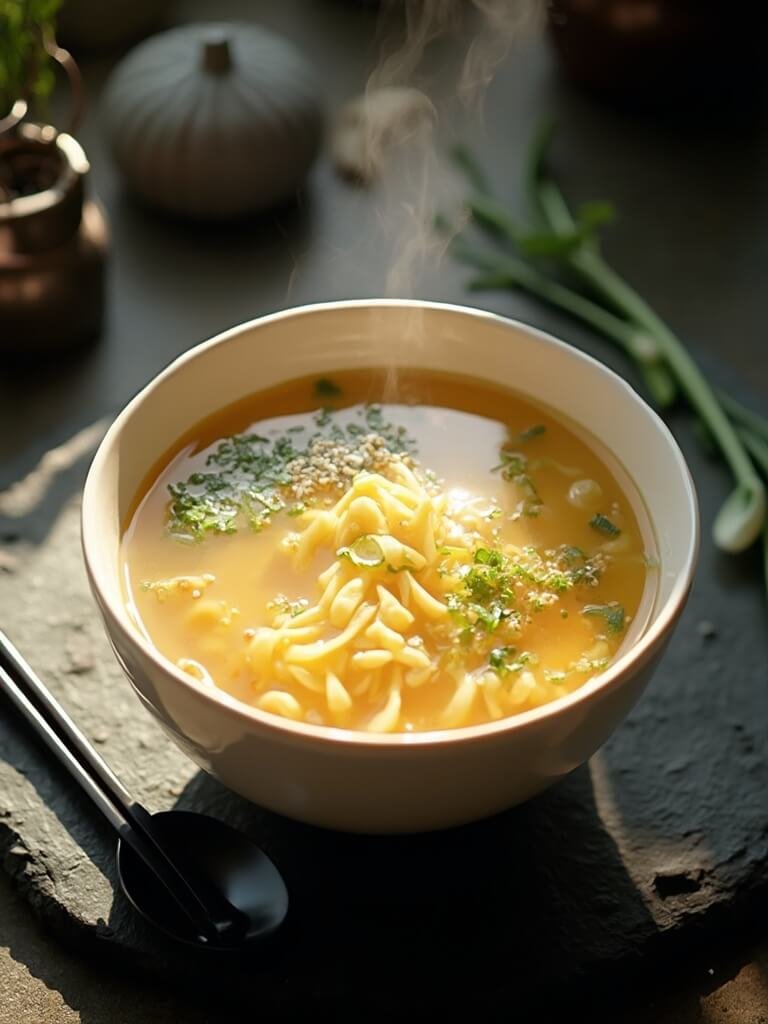 "overhead view of egg drop soup with green onions and sesame oil in a ceramic bowl, served with chopsticks and chinese soup spoon"