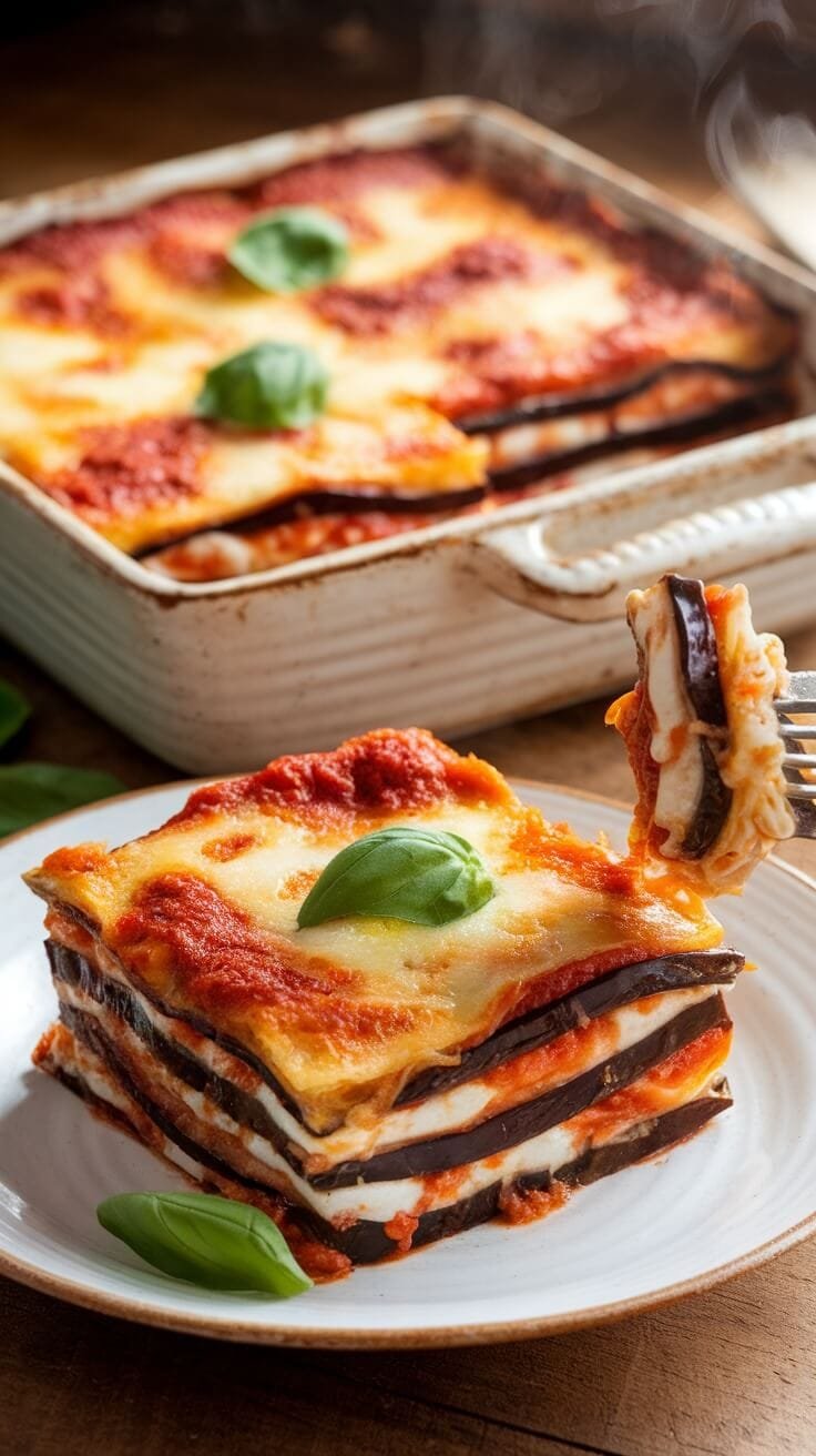 10 Low-Carb Italian Favorites That Are Full Of Flavor 3 A delicious serving of eggplant lasagna with layers of cheese and marinara sauce