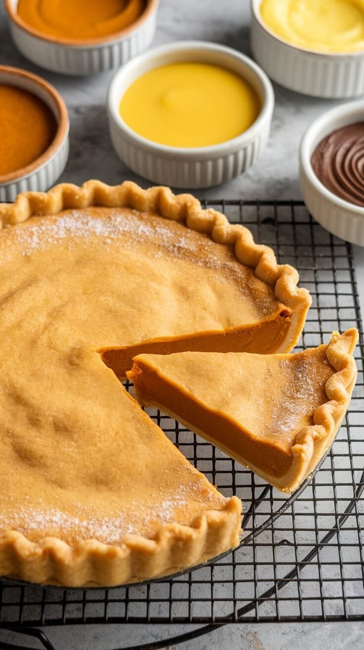 6 Festive Keto Recipes For Low-Carb Holiday Celebrations 7 A flaky keto pie crust with a slice taken out, surrounded by colorful pie fillings in small bowls.