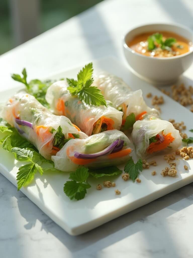Fresh Spring Rolls With Peanut Sauce 2 "vietnamese spring rolls with fresh vegetables and peanut sauce on a white platter"