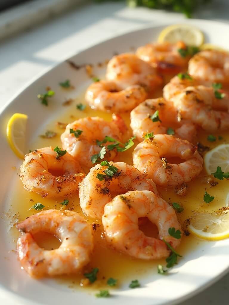 "close-up of garlic butter shrimp with lemon and parsley on a white platter"