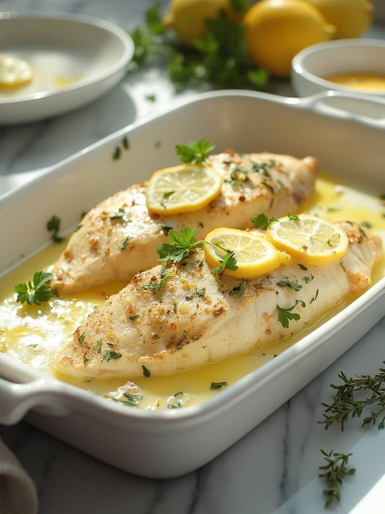 "baked tilapia fillet with garlic butter sauce, lemon and herbs on a white ceramic dish"