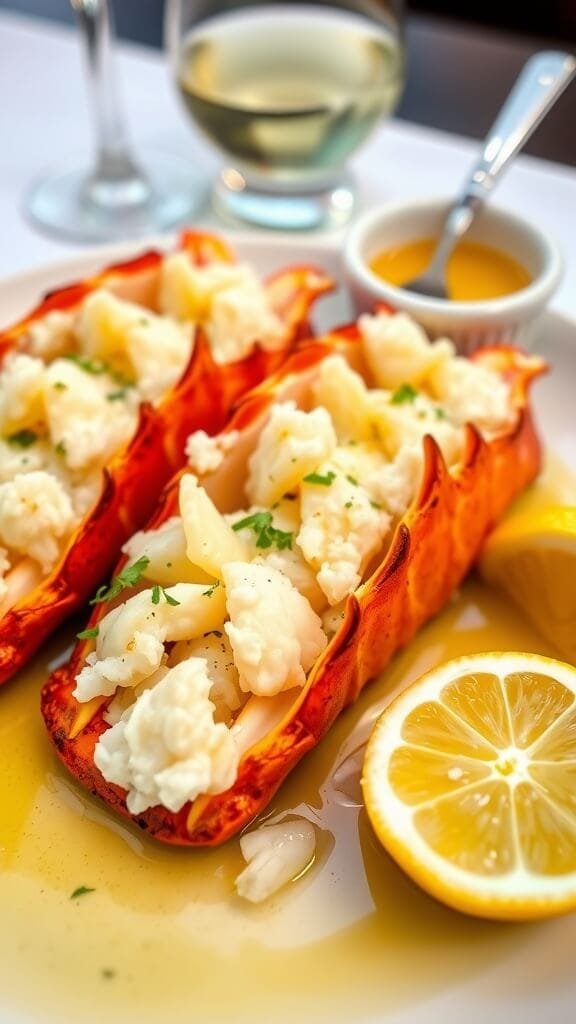 7 Elegant Keto Seafood Dishes You Can Easily Make At Home 3 A plate of garlic butter lobster tails with herbs and lemon, ready to eat.