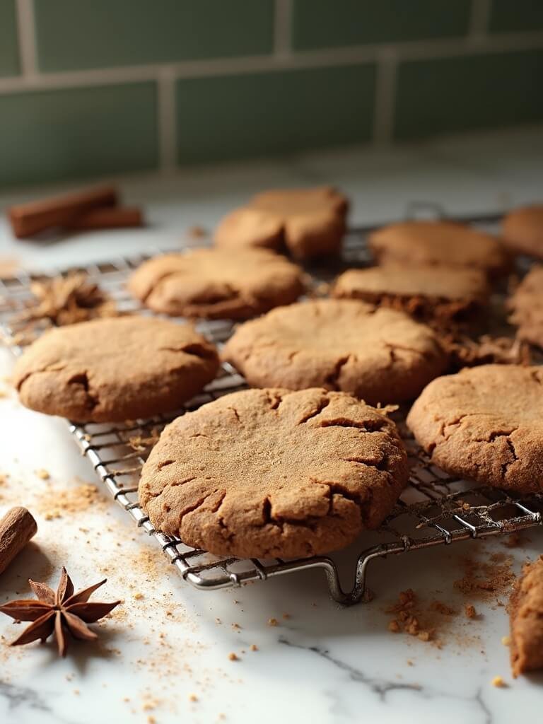 "gingerbread cookies on cooling rack with spices, natural light from left, on canon 5d mark iv"
