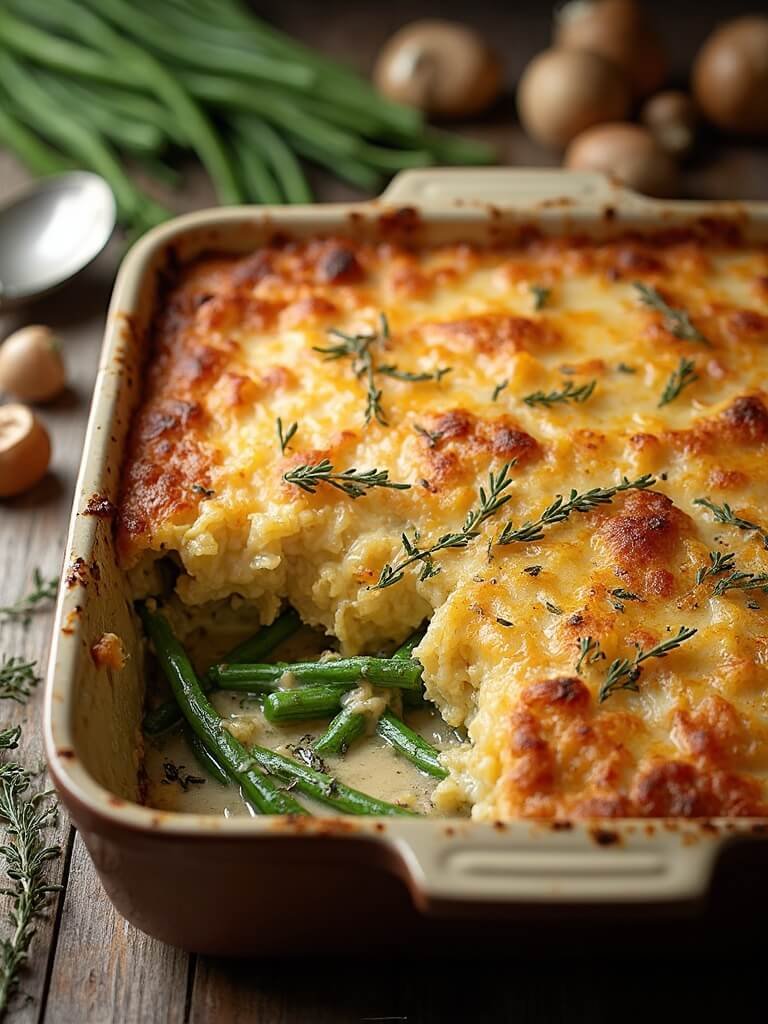 "bubbling green bean casserole with crispy onions and creamy mushroom sauce in a ceramic dish"