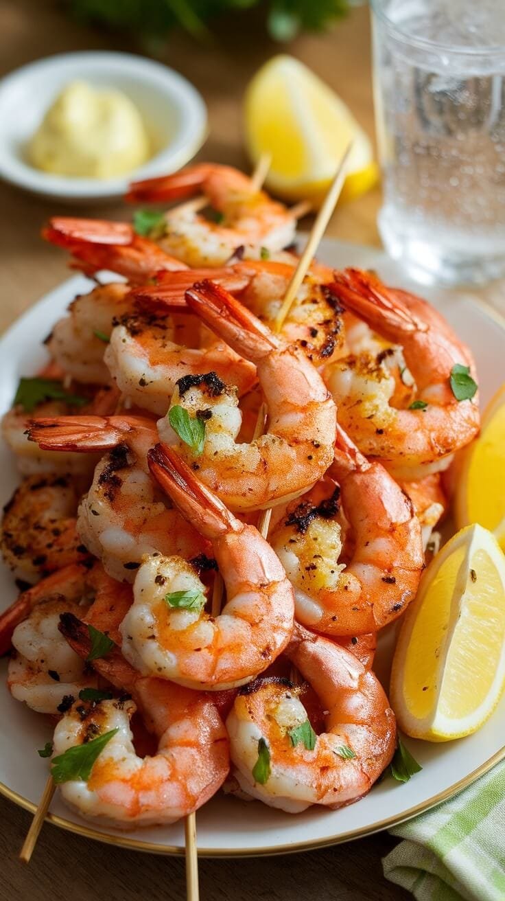 7 Elegant Keto Seafood Dishes You Can Easily Make At Home 9 Plate of grilled shrimp skewers with lemon wedges and dipping sauce