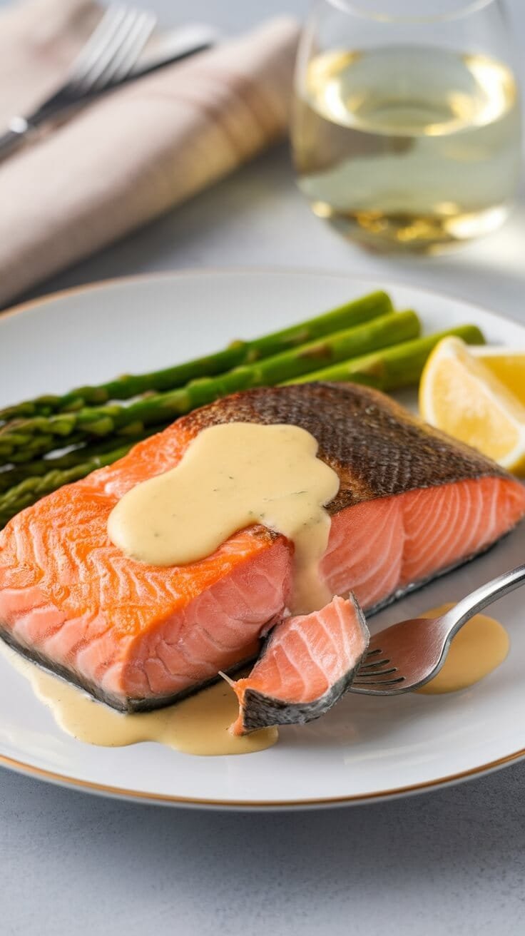 7 Elegant Keto Seafood Dishes You Can Easily Make At Home 4 A plated serving of grilled salmon with lemon butter sauce, asparagus, and a slice of lemon.