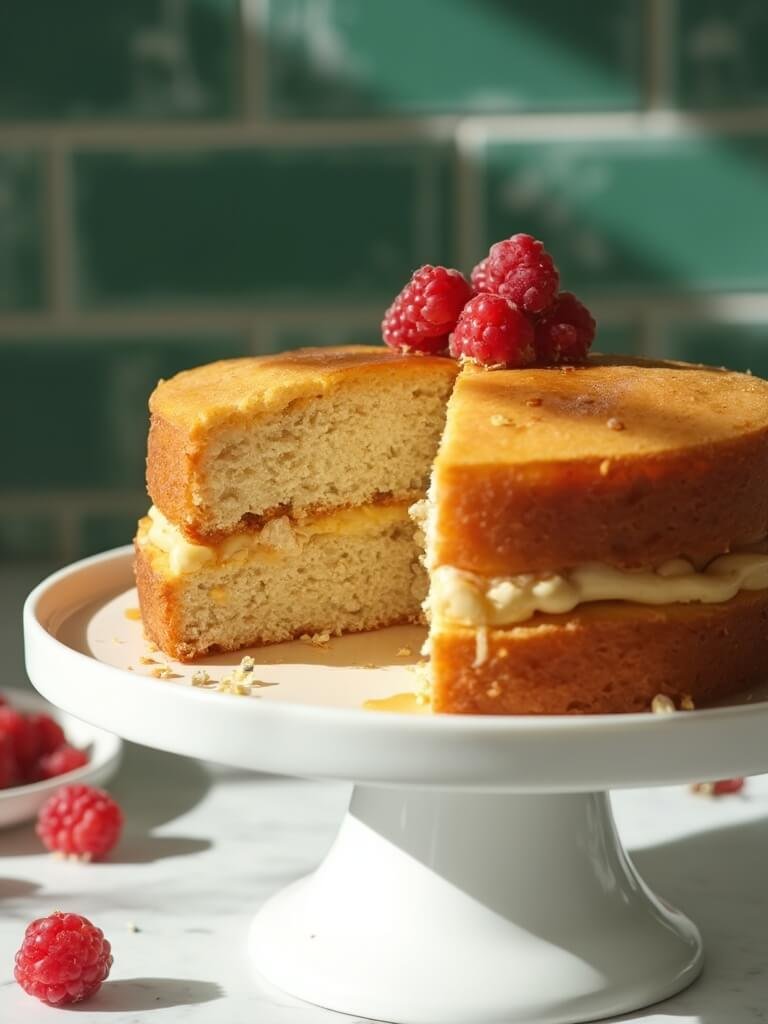 "gluten-free almond oat birthday cake with maple syrup on a white ceramic stand in a modern kitchen setting"