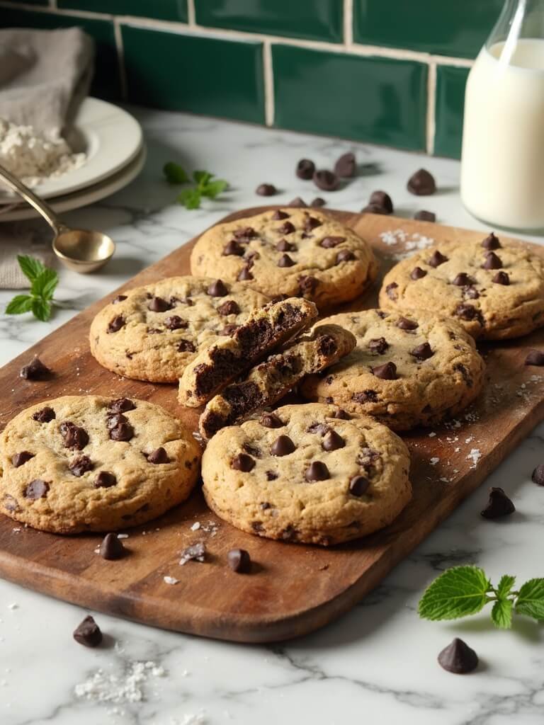 "overhead shot of chocolate chip cookies made with coconut oil and dark chocolate chips on a rustic wooden board"