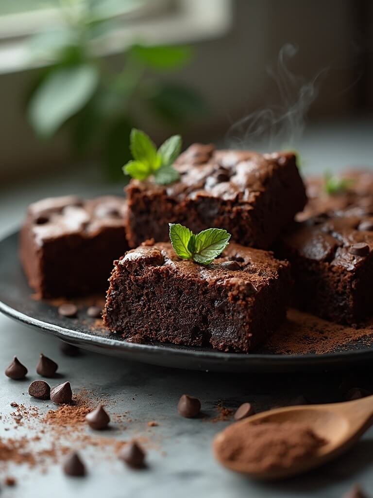 "freshly baked fudgy brownies with melting chocolate chips, dusted with cocoa powder on a black ceramic plate, on marble counter with mint leaves and wooden spatula in the background. "