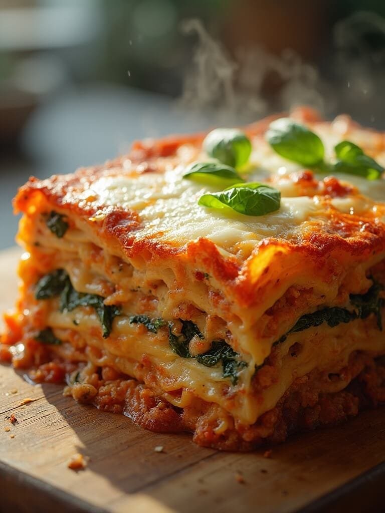 Healthier Homemade Lasagna (High-Protein, Veggie-Packed) 2 "overhead shot of freshly-baked, healthy layered lasagna with whole wheat pasta, turkey, and vegetables in a ceramic baking dish. "