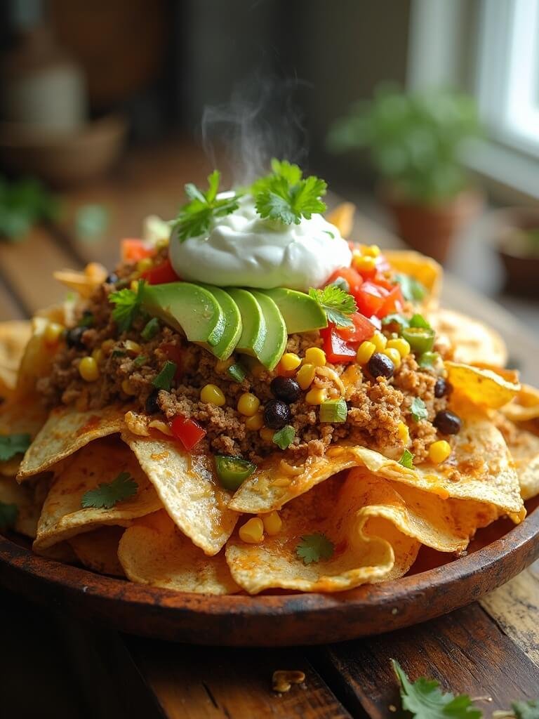 "overhead shot of loaded nachos with lean turkey and fresh toppings on a rustic platter in a farmhouse kitchen setting"