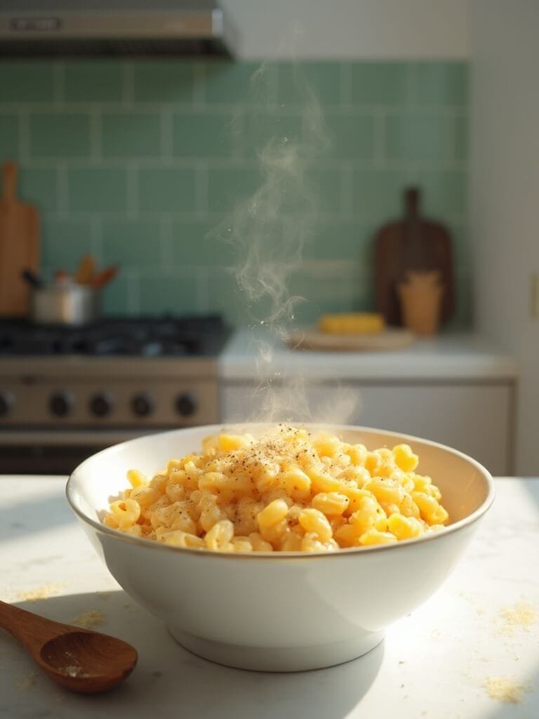 "mac and cheese with whole wheat pasta in a white bowl under natural daylight"