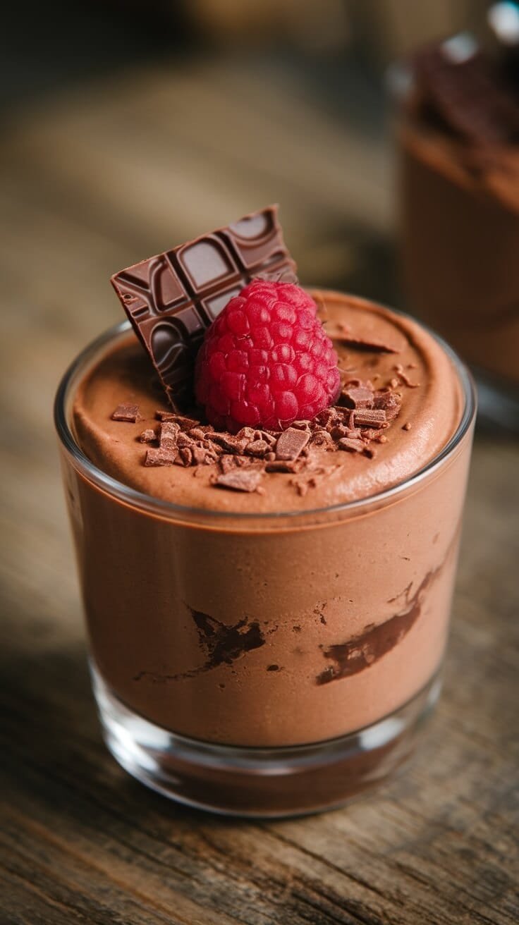 6 High-Protein Recipes For Muscle Recovery And Growth 6 A glass of high protein chocolate mousse topped with a raspberry and a piece of chocolate