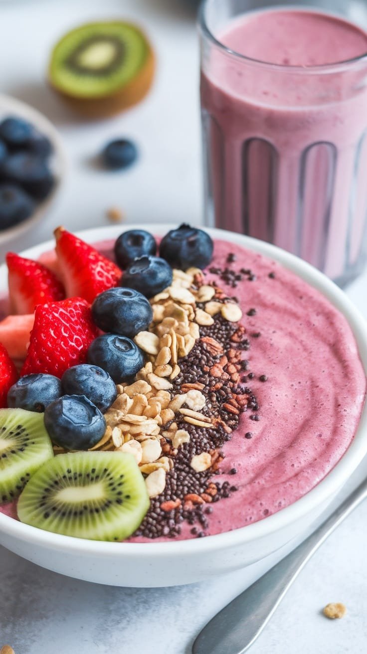 6 Best High Protein Drinks &Amp; Desserts For Muscle Recovery 7 A colorful high protein smoothie bowl topped with strawberries, blueberries, granola, and kiwi slices.