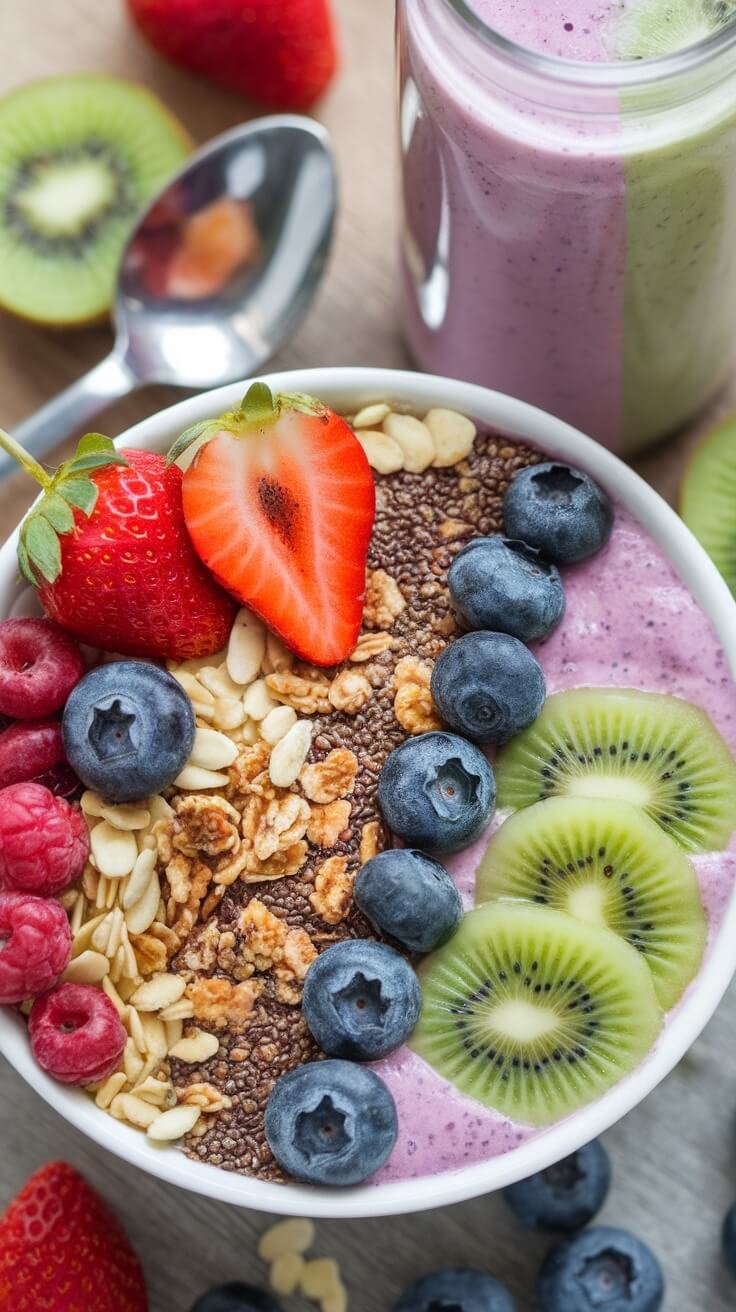 6 High-Protein Recipes For Muscle Recovery And Growth 7 A colorful smoothie bowl topped with fresh fruits, granola, and seeds.