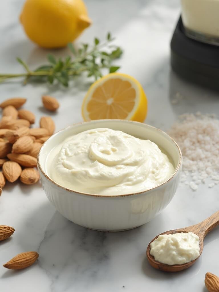 "vegan almond ricotta in a ceramic bowl with ingredients on a marble countertop"