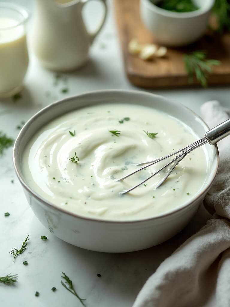 "homemade ranch sauce with fresh herbs in a white bowl on a marble countertop, surrounded by ingredients and bathed in soft daylight"