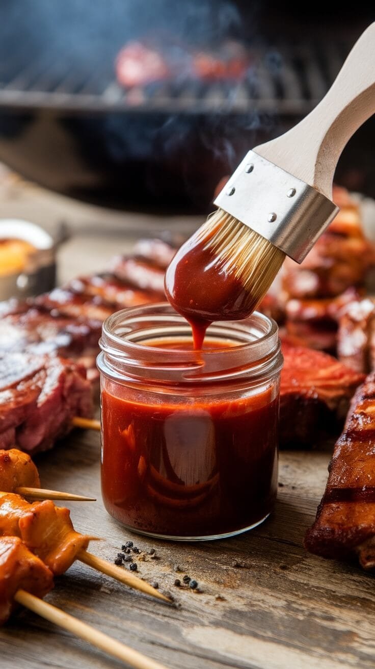 6 Festive Keto Recipes For Low-Carb Holiday Celebrations 5 A close-up of a jar of homemade keto bbq sauce with a brush, surrounded by grilled meats on a wooden surface.