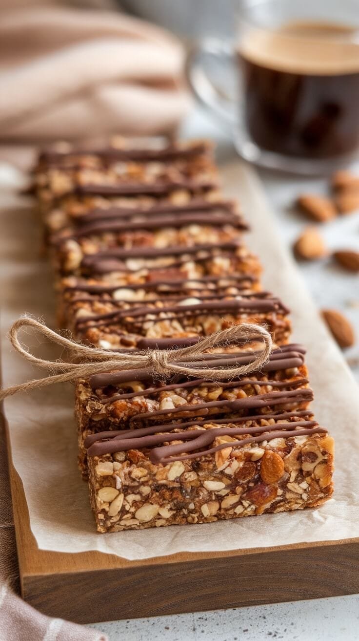 7 Irresistible Low-Carb Snacks For Your Keto Lifestyle 8 Homemade keto granola bars tied with twine, drizzled with chocolate, placed on a wooden board