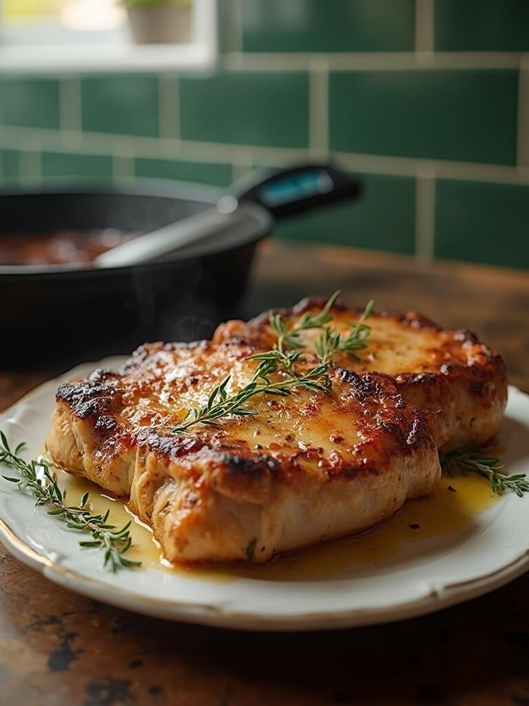 "juicy baked pork chops with herbs and spices on rustic surface in modern kitchen"