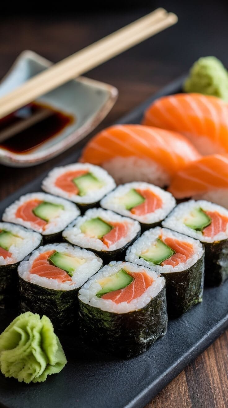 7 Elegant Keto Seafood Dishes You Can Easily Make At Home 6 A plate of sushi rolls with salmon and cucumber, served with wasabi and soy sauce.