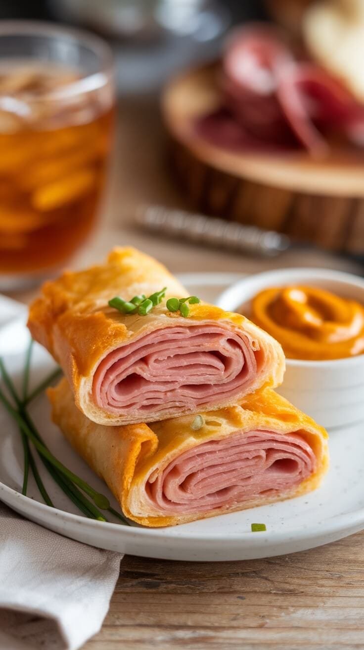 7 Irresistible Low-Carb Snacks For Your Keto Lifestyle 4 Keto ham & cheese roll-ups on a plate with mustard dip