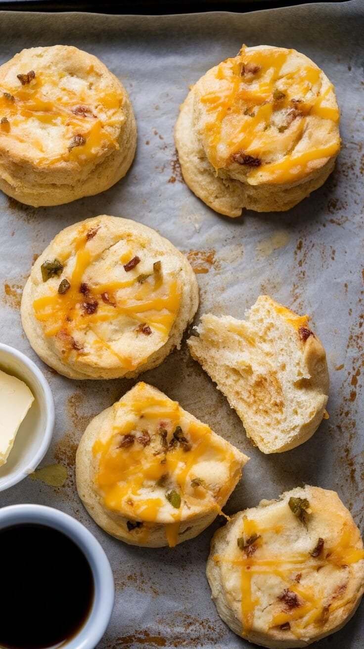 7 Irresistible Low-Carb Snacks For Your Keto Lifestyle 6 Keto jalapeño cheddar biscuits on a baking sheet with melted cheese and a bite taken out.