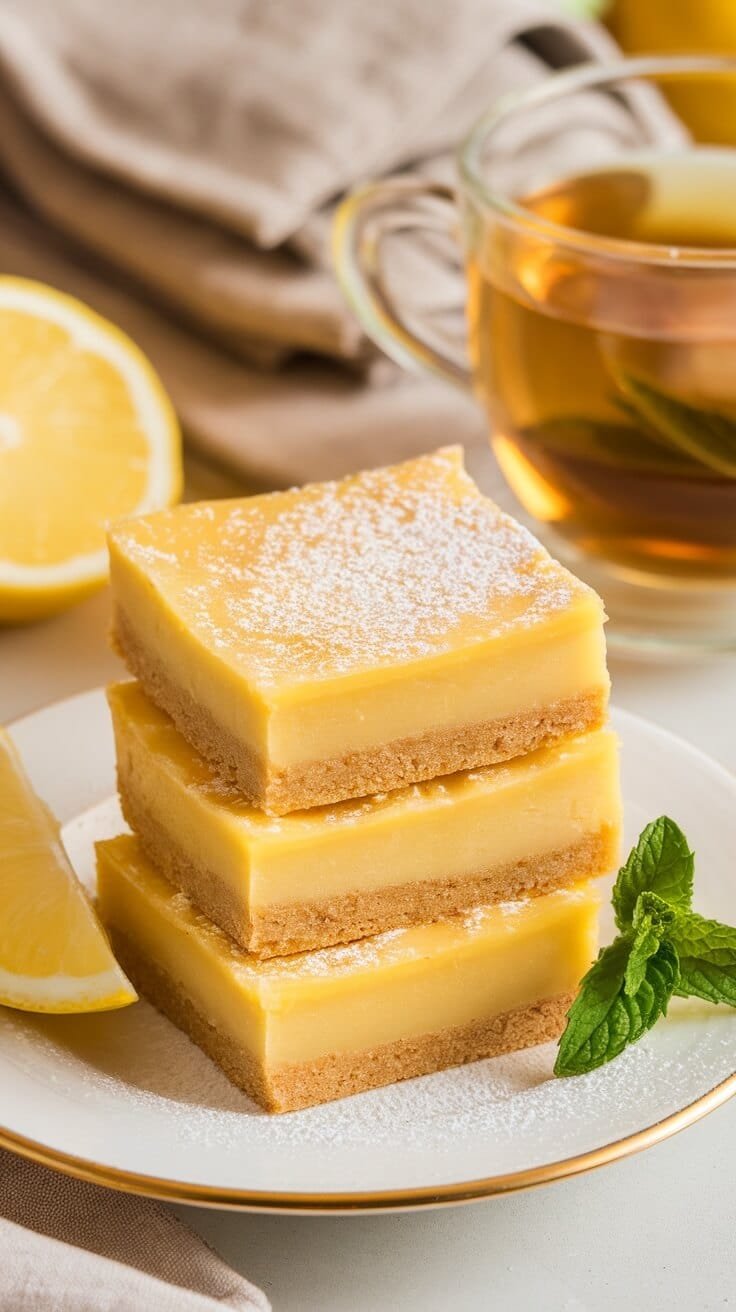 10 Irresistible Keto &Amp; Sugar-Free Desserts For Guilt-Free Indulgence 5 Delicious keto lemon bars stacked on a plate with fresh lemons and tea in the background.