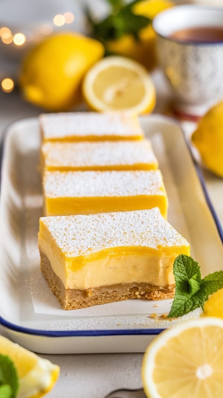 6 Festive Keto Recipes For Low-Carb Holiday Celebrations 8 Keto lemon bars on a plate, garnished with mint leaves and surrounded by fresh lemons.