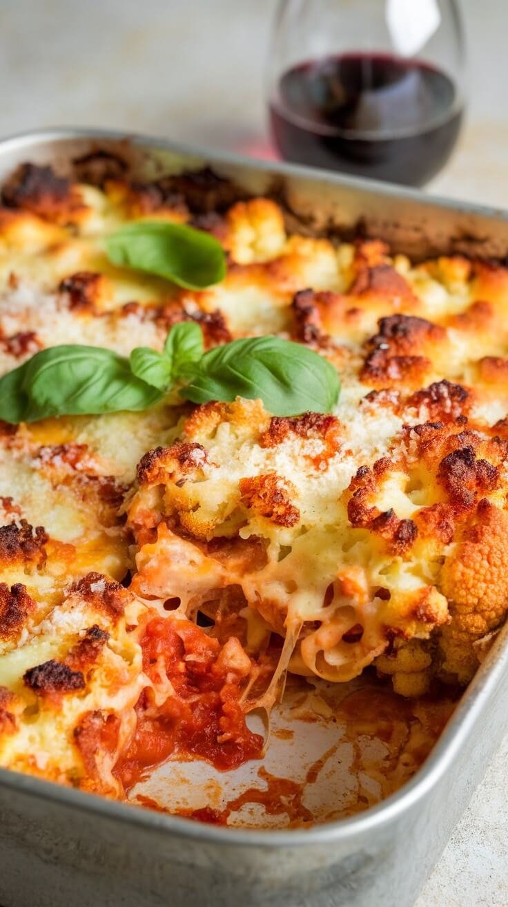 10 Low-Carb Italian Favorites That Are Full Of Flavor 10 A dish of low-carb baked ziti with cauliflower and cheese, topped with basil and a glass of red wine in the background.