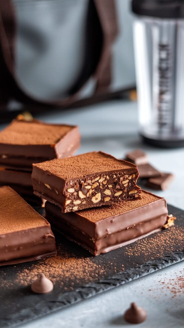 7 Irresistible Low-Carb Snacks For Your Keto Lifestyle 9 Delicious no-bake keto protein bars stacked on a slate board, showcasing a chocolate coating and a crunchy interior.