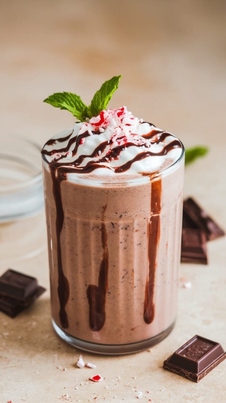 6 High-Protein Recipes For Muscle Recovery And Growth 4 A refreshing peppermint chocolate protein shake topped with whipped cream, chocolate syrup, and mint leaves.