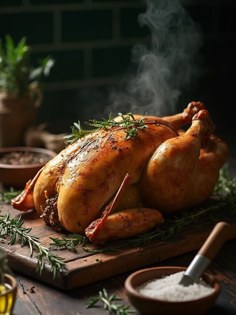 Perfect Rotisserie Chicken Recipe 2 "perfectly roasted rotisserie chicken with herbs and spices on rustic wooden board"