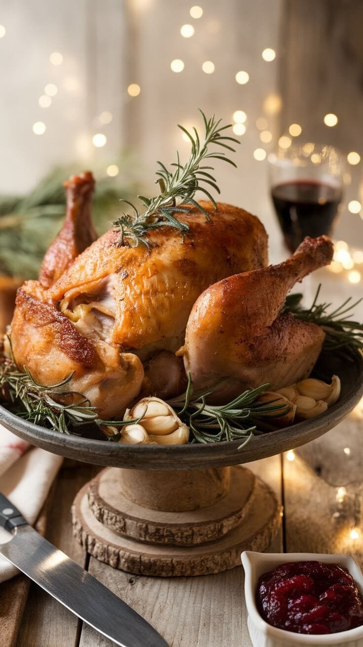 6 Festive Keto Recipes For Low-Carb Holiday Celebrations 3 A plate of perfectly baked turkey thighs garnished with rosemary and garlic, served with cranberry sauce.
