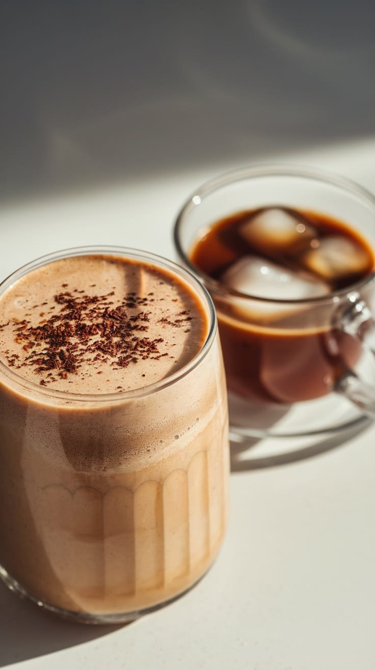 6 Best High Protein Drinks &Amp; Desserts For Muscle Recovery 3 A protein coffee smoothie in a glass topped with cocoa powder, next to a cup of iced coffee.