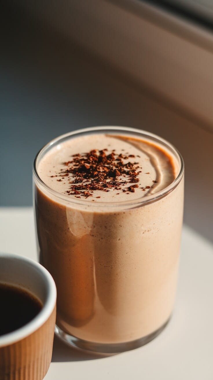6 High-Protein Recipes For Muscle Recovery And Growth 3 Protein coffee smoothie in a clear glass with coffee grounds on top, next to a cup of coffee.