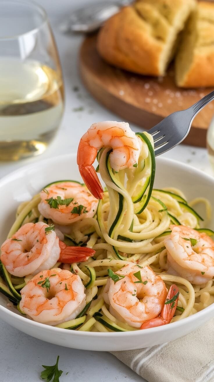 7 Elegant Keto Seafood Dishes You Can Easily Make At Home 8 A bowl of garlic butter shrimp scampi with zucchini noodles, garnished with herbs