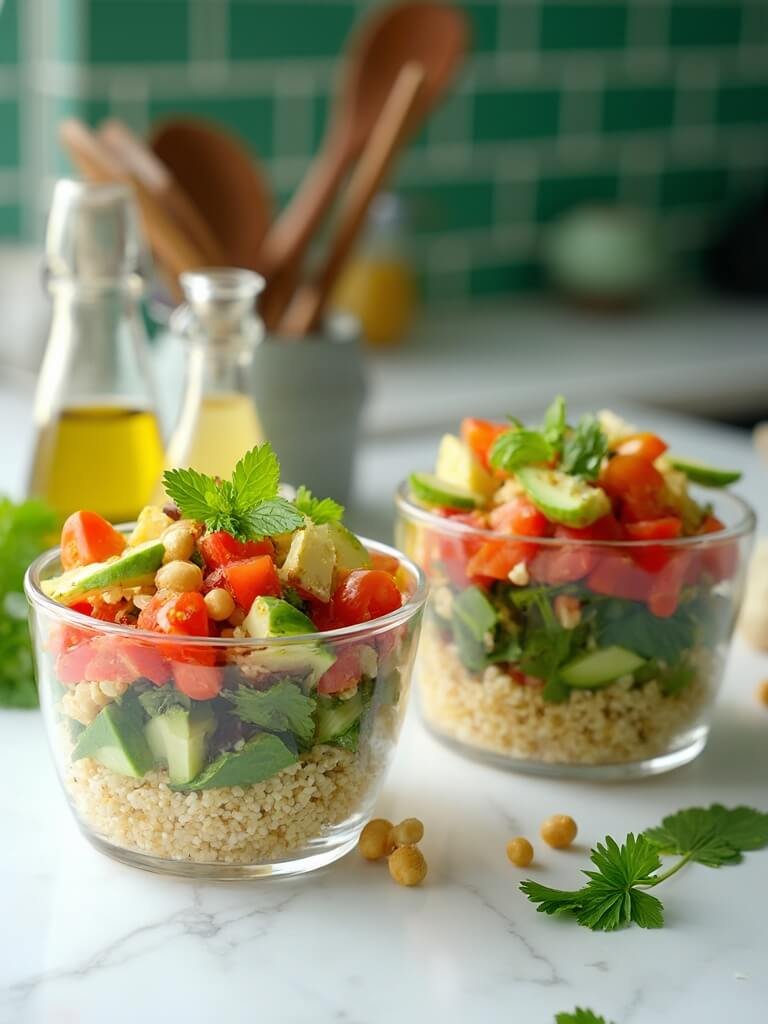 Healthy Picnic Food Ideas: Fresh, Simple &Amp; Delicious 2 "meal prep bowls with quinoa, colorful vegetables, fresh herbs and chickpeas on a marble countertop, with olive oil and lemon dressing in the background"