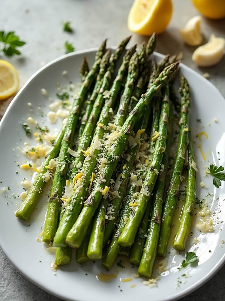Keto Lemon Garlic Butter Asparagus (Quick &Amp; Easy Side Dish) 2 "roasted asparagus with garlic-lemon butter, parmesan, parsley, and lemon zest on a white ceramic platter"