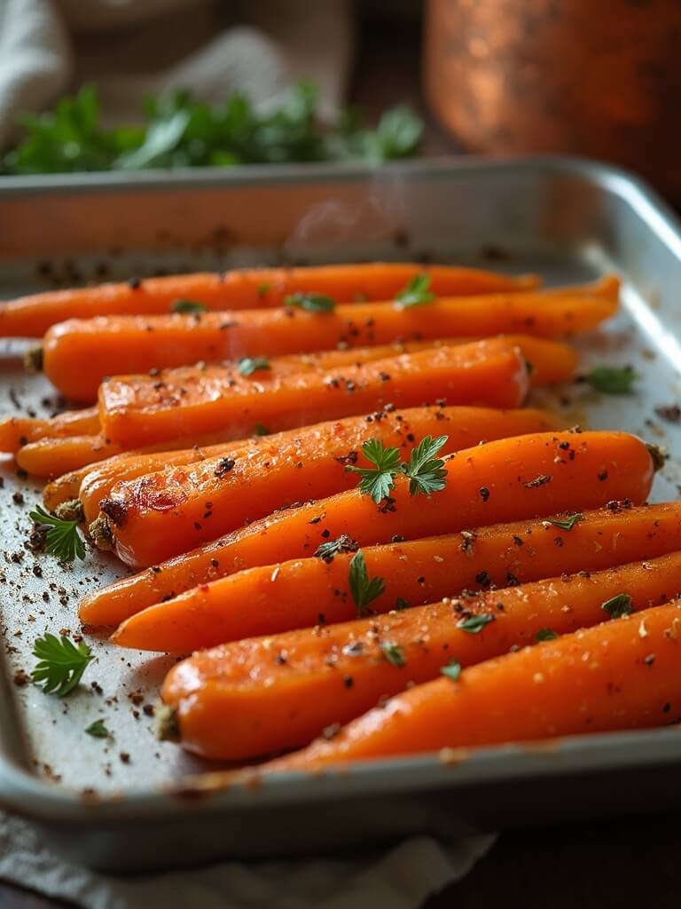 "honey glazed roasted carrots on a rustic baking sheet garnished with parsley and black pepper"