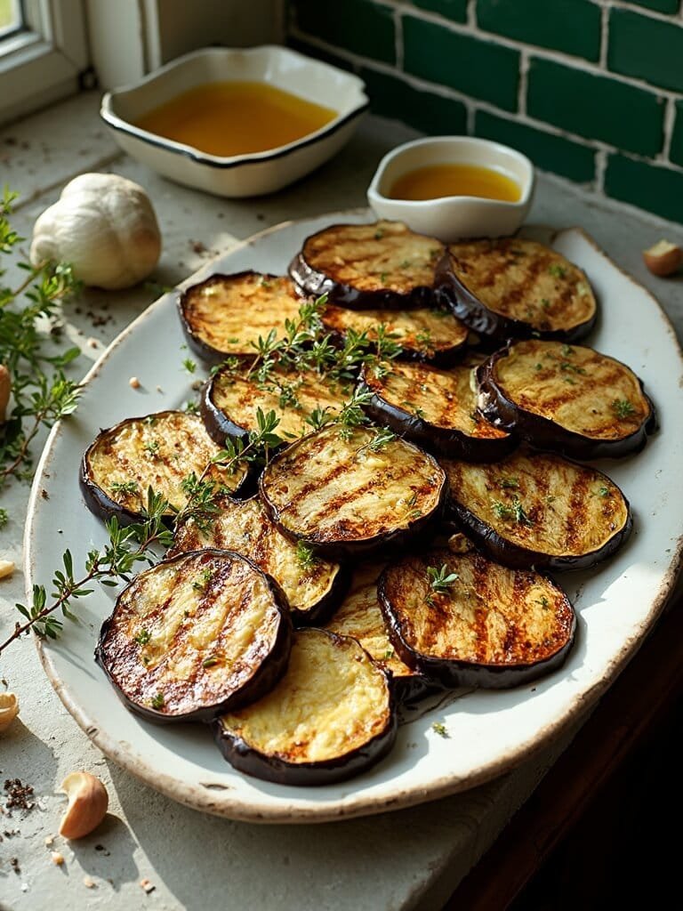 "roasted eggplant slices with herbs and garlic on a ceramic platter under natural window light"