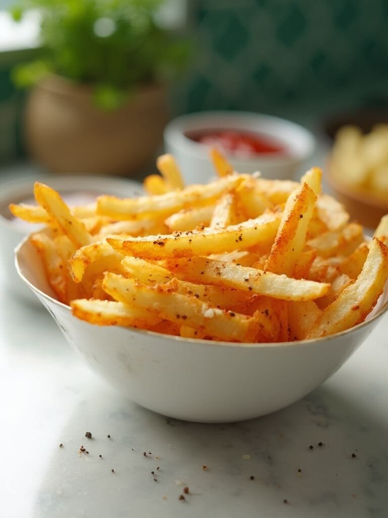 Perfectly Crispy Air Fryer French Fries 2 "close-up of crispy air fryer french fries in a white ceramic bowl, seasoned with paprika, black pepper, and salt, with ketchup and fresh parsley in the background, shot in warm tones. "