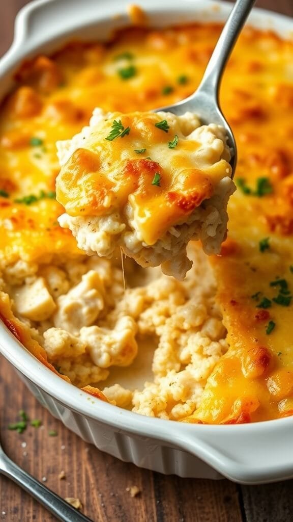 7 Delicious Low-Carb Comfort Foods For Cozy Nights 8 A deliciously cheesy chicken and cauliflower rice casserole with a crispy top, served on a wooden platter.