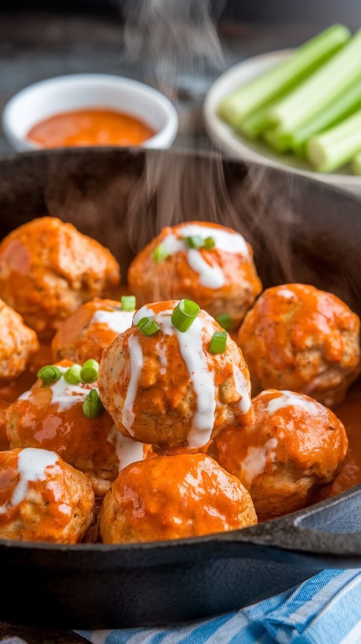 7 Irresistible Low-Carb Snacks For Your Keto Lifestyle 5 A close-up of spicy buffalo chicken meatballs garnished with green onions and ranch dressing, served in a cast iron skillet with celery sticks on the side.