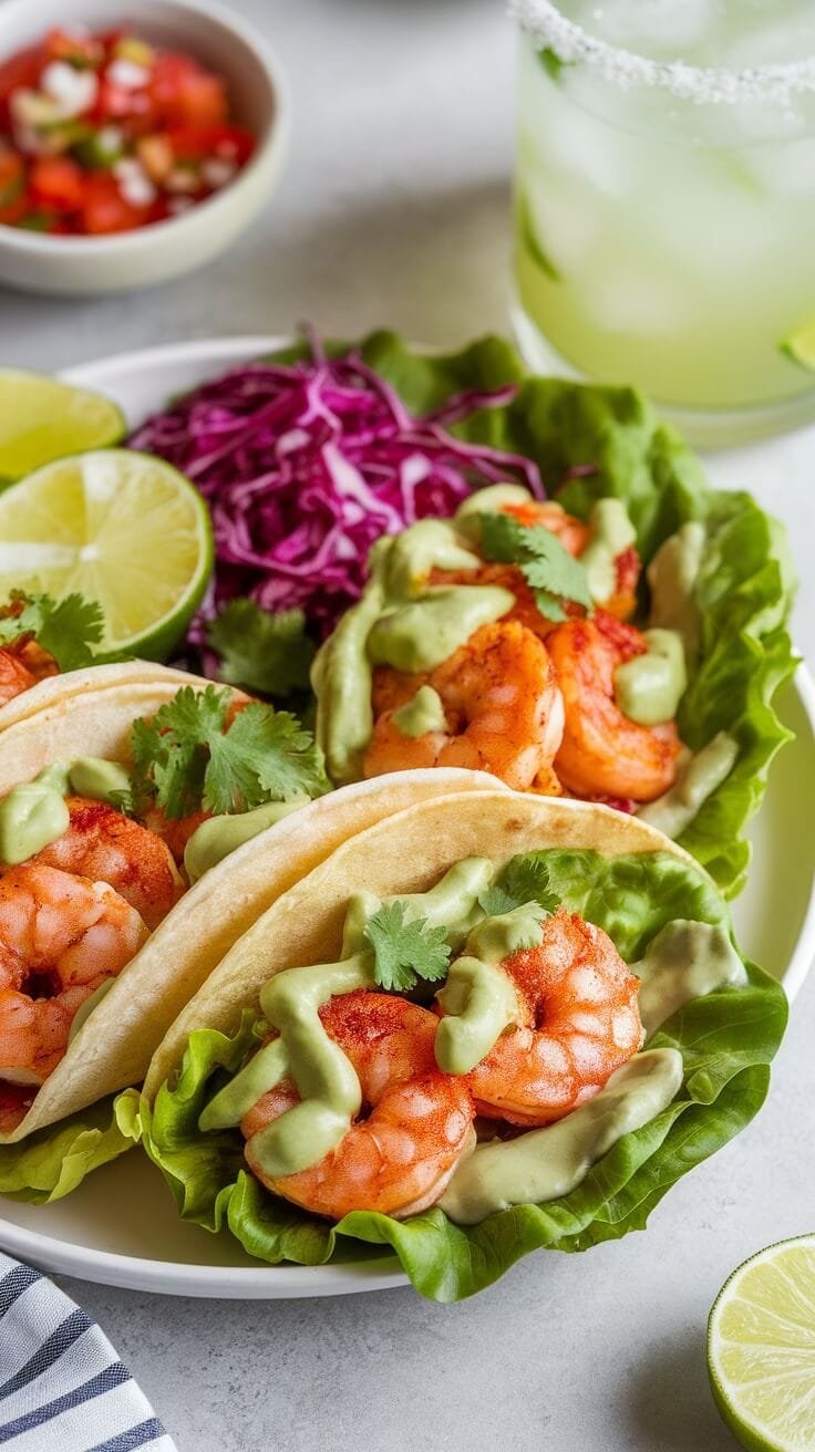 7 Elegant Keto Seafood Dishes You Can Easily Make At Home 7 Plate of spicy shrimp tacos with coconut flour tortillas and lettuce wraps, garnished with lime and cilantro.