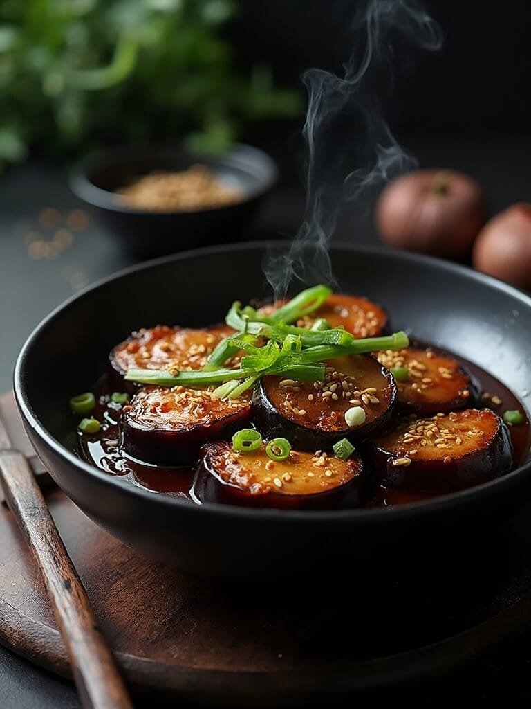 "glazed asian eggplant slices in a black ceramic bowl with ginger-soy sauce, garnished with spring onions and sesame seeds, served on a dark wooden surface with chopsticks"