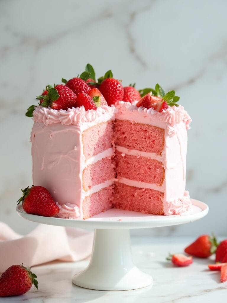 Fresh Strawberry Layer Cake With Cream Cheese Frosting 2 "two-layer strawberry cake with cream cheese frosting and fresh strawberries on a white ceramic stand against a marble backdrop"